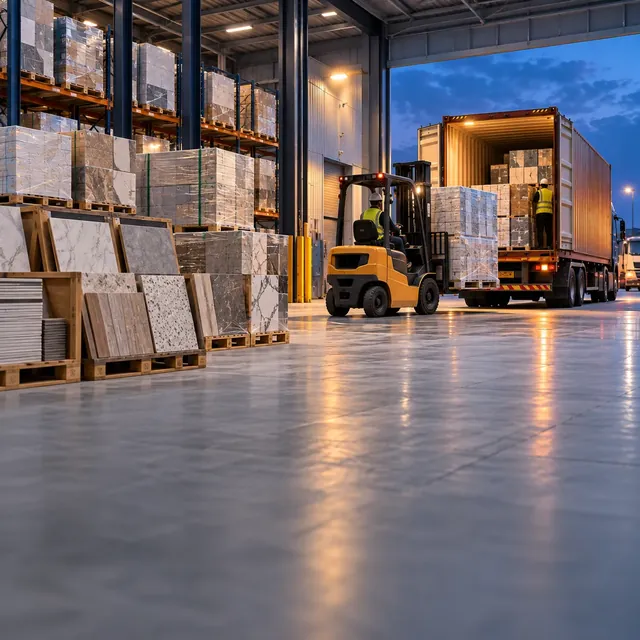 Palletised ceramic tiles being loaded into a shipping container by forklift