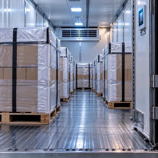 Pharmaceutical cargo on pallets inside a refrigerated reefer container